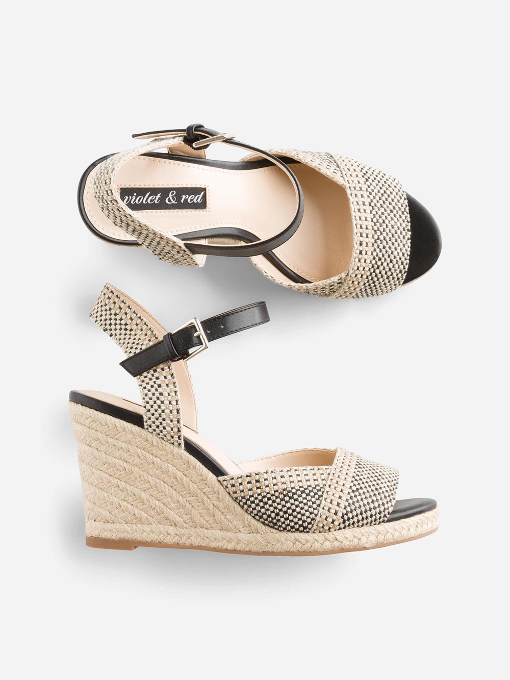 Violet & Red Micah Textured Woven Wedge Heels Beige/Black US 9